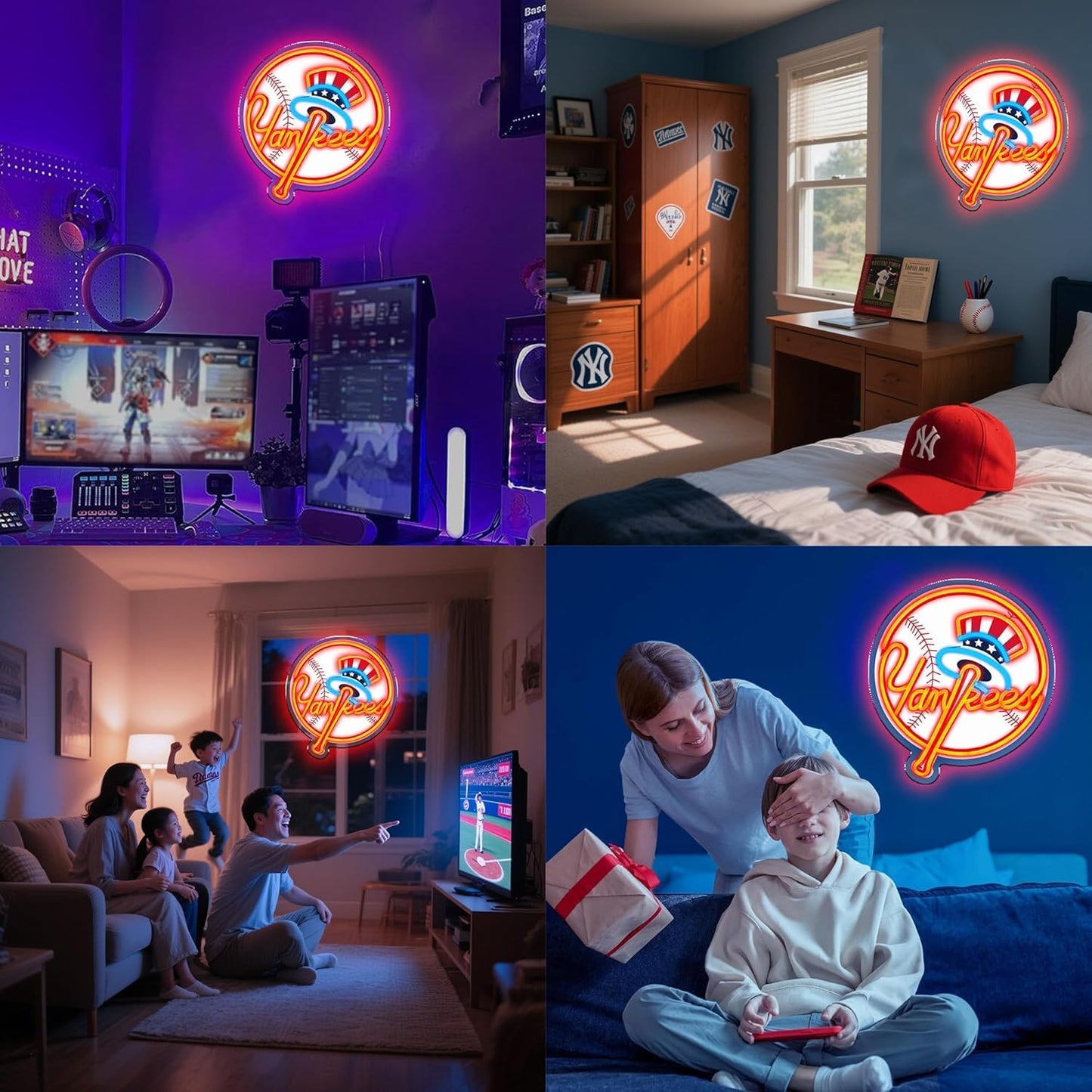 NY Baseball Neon Sign, New York Cool Light Up Dimmable NY Team Logo Hanging Led Neon Sign for Wall Decor, Bedroom, Party, Man Cave, Bedroom, Game Room Deco, Birthday Christmas Gift for Boys Fans (Red)