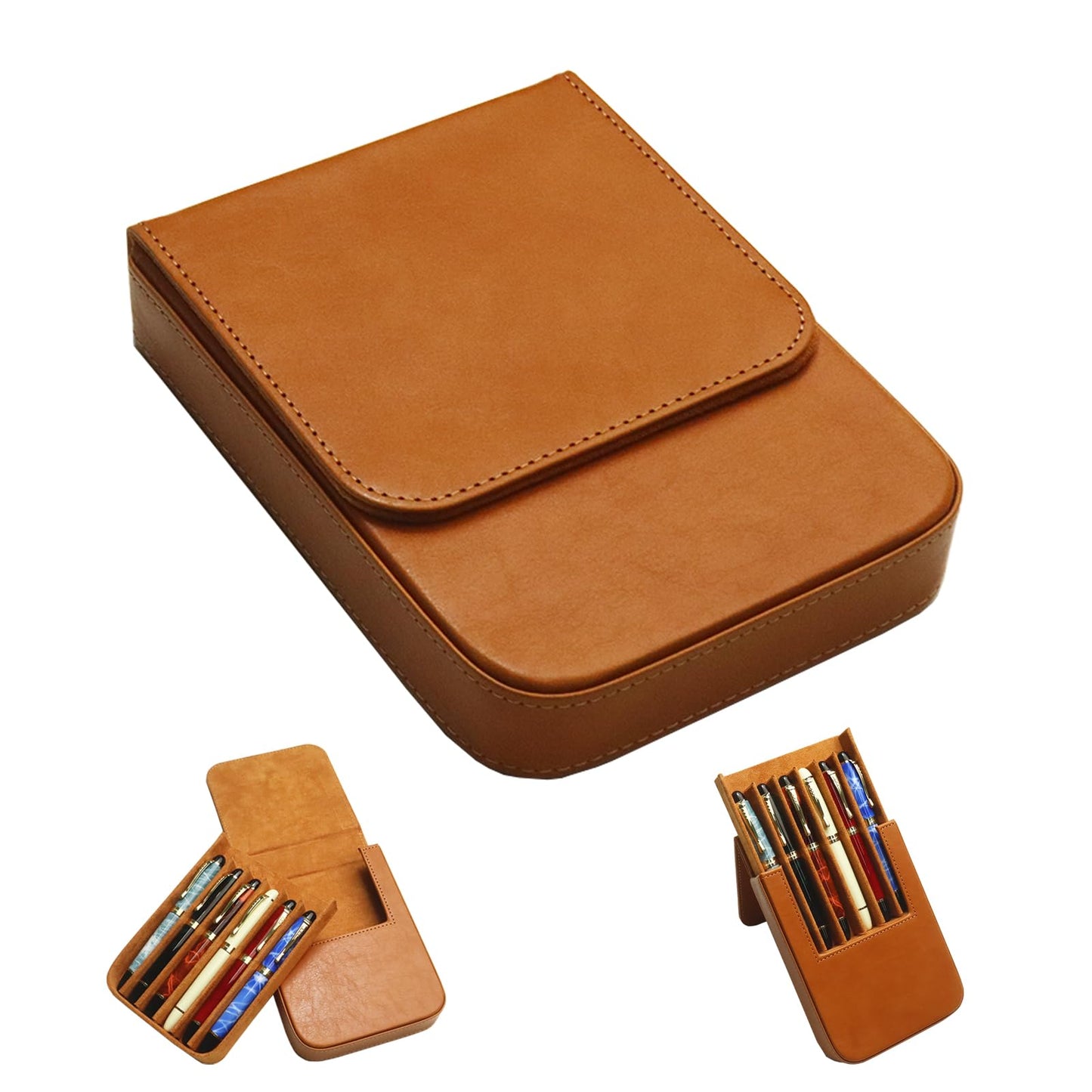 MIVLXLX Leather 6 Fountain Pen/Pencil Tray Case, Handmade, Magnetic Closure with Drawer Design, Gift Choice for Man/Woman/Office, 6 Slots（brown）