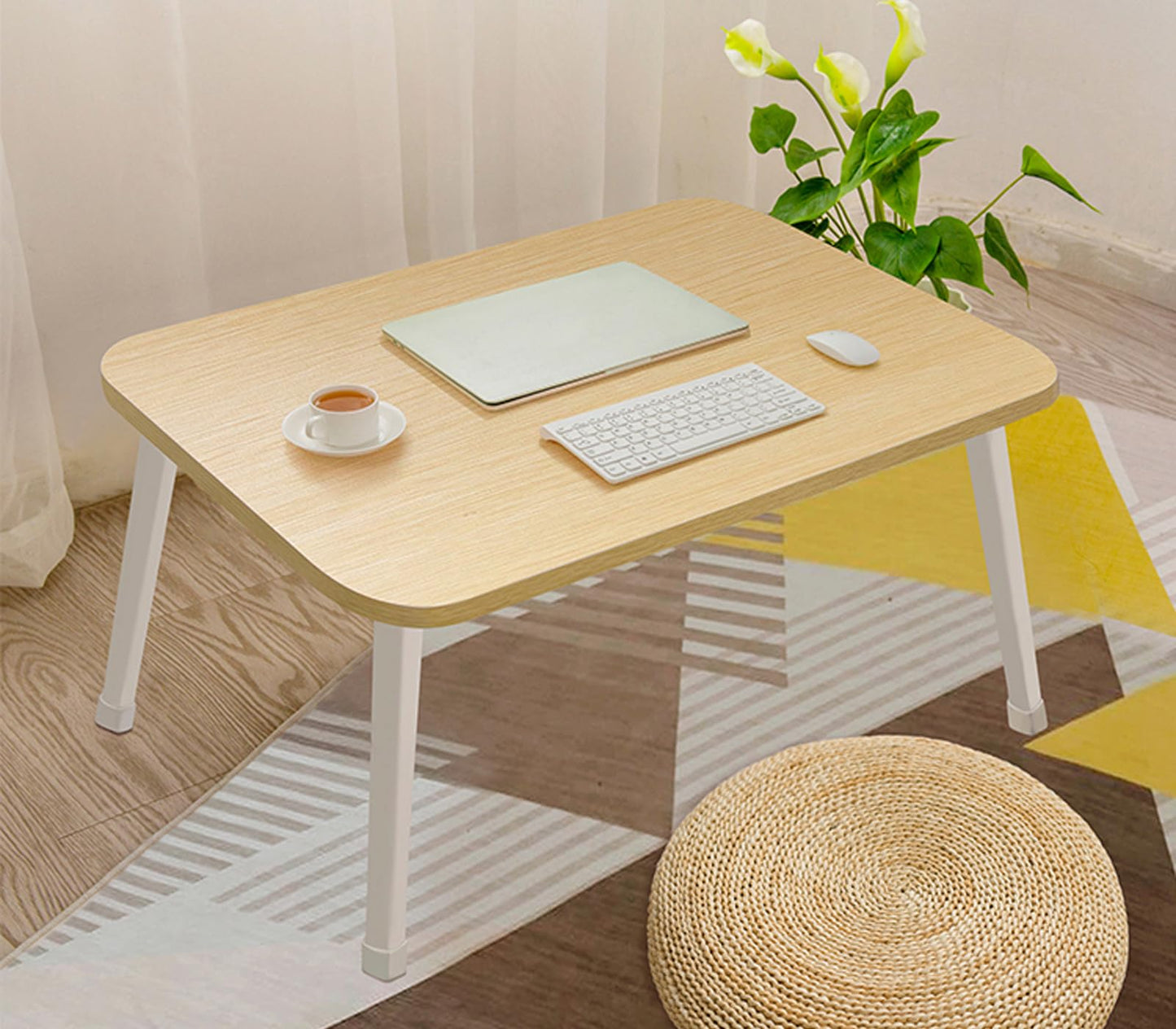LKBBC Foldable Laptop Desk for Bed, Bed Laptop Table, Foldable Portable Lap Bed Tray, 23.6 Inch Floor Table for Drawing, Reading and Writing, Oak