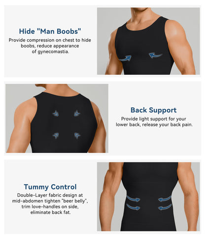 Mens Compression Shirt Slimming Body Shaper Vest Workout Tank Tops Abs Abdomen Undershirts(Black, L)