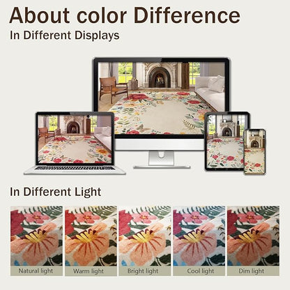 Washable Rugs for Living Room: 8x10 Area Rugs for Bedroom Soft Ultra Thin Stain Resistant Non Slip Low Pile Lightweight Vintage Floral Carpet for Dining Room Decor (Beige)