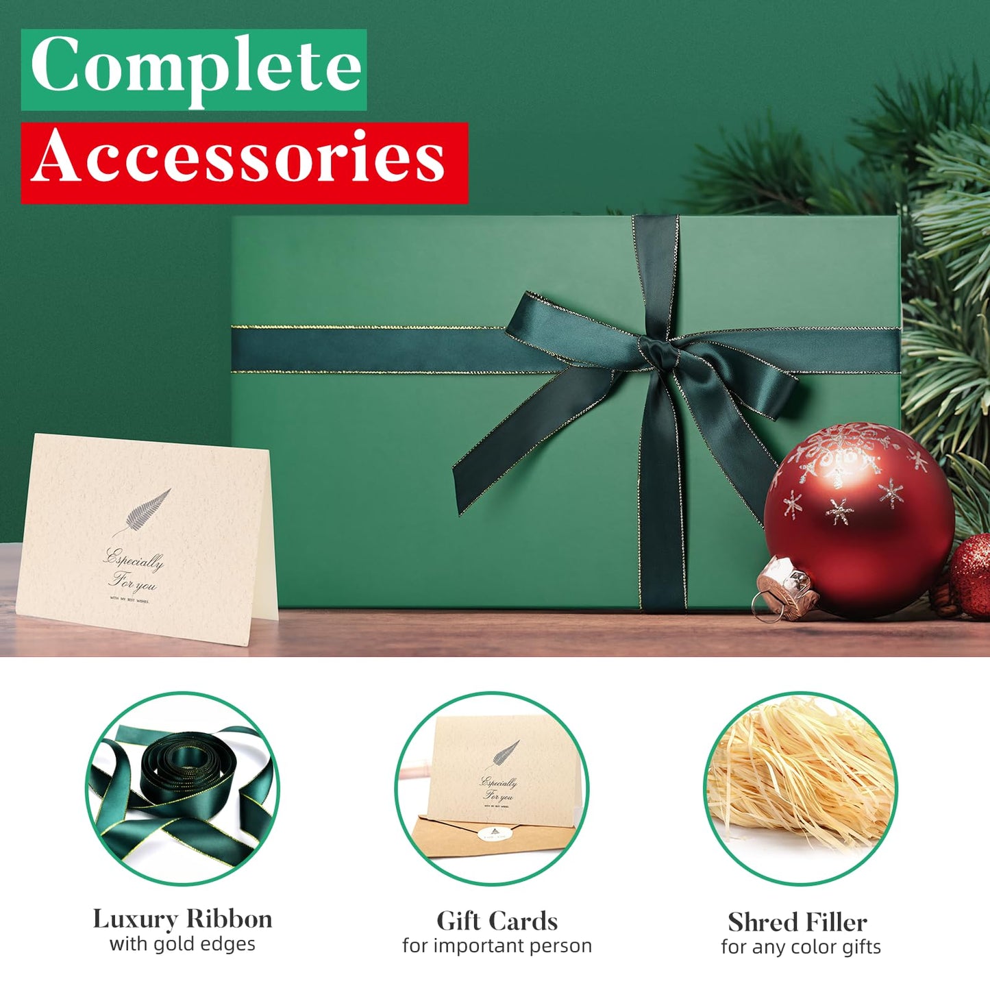 LIFELUM Gift Boxes with Lids 2 Pack 13.85 x 8.35 x 4.45 inch Green Christmas Gift Boxes with Strong Magnetic Lid for Presents with Luxury Accessories Card, Ribbon, Filler,Sticker