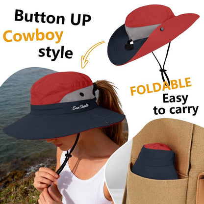 ZOORON 1 Pack Women's Ponytail Safari Sun Hat,Wide Brim UV Protection Outdoor Bucket Hat,Foldable Beach Summer Fishing Hat(red)