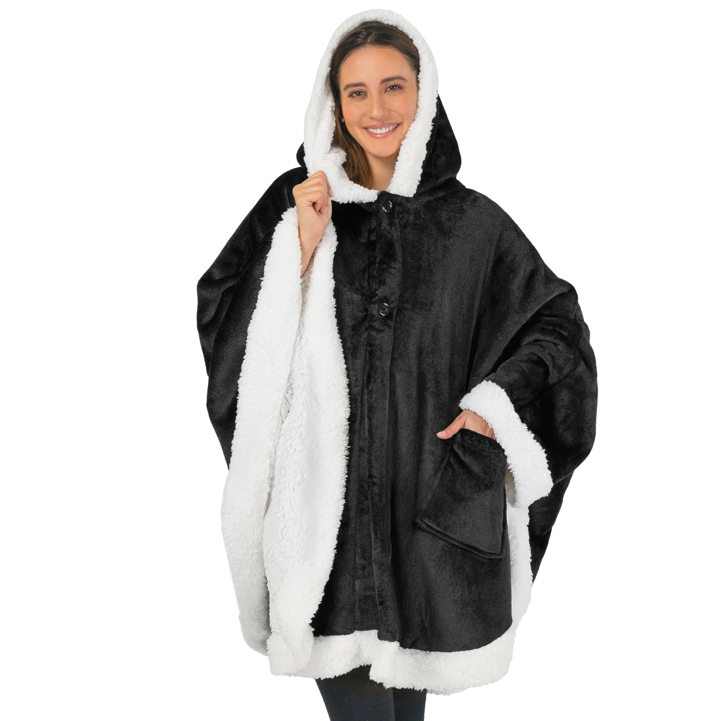 PAVILIA Hooded Blanket Poncho, Women Sherpa Fleece Shawl Wrap with Hood, Wearable Blanket Cozy Warm Poncho Cape Throw with Pockets, Gift for Elderly Mom, Black