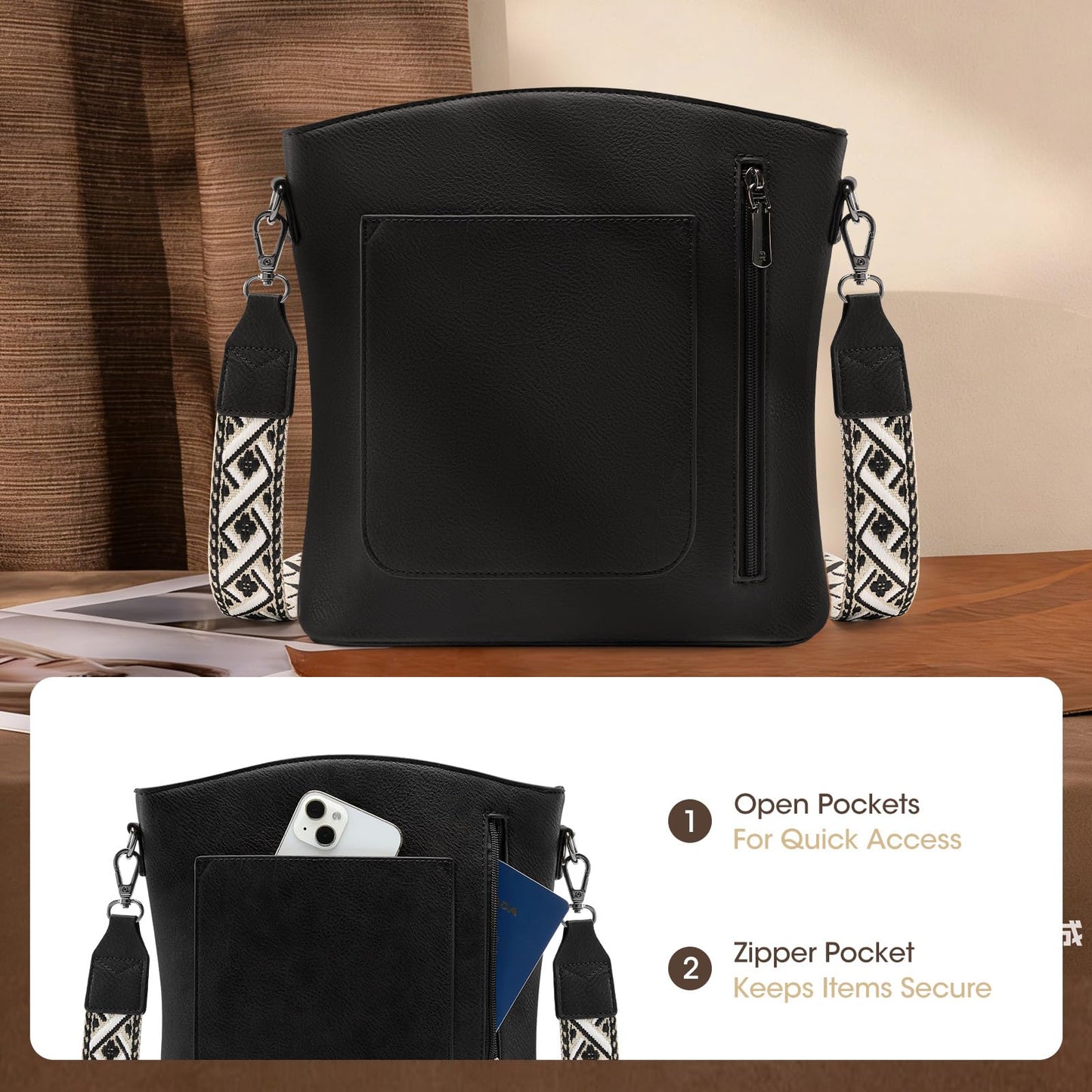 RAINSMORE Women's Medium Leather Crossbody Bag - Lightweight Purse for Weekend Shopping, Everyday Outings, Travel, Designer Trendy Shoulder Handbags with Adjustable Guitar Strap, Multiple Pockets