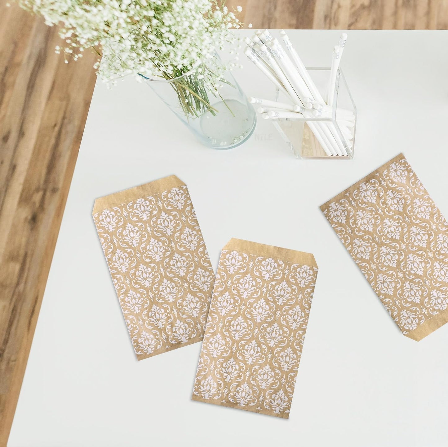 MOOCA 200 Pcs Damask Kraft Paper Gift Bags - Bulk, Small Business, Jewelry, Candy, Popcorn, Cookie & Treat Bags - 4 W x 6 H in - Kraft with White Damask