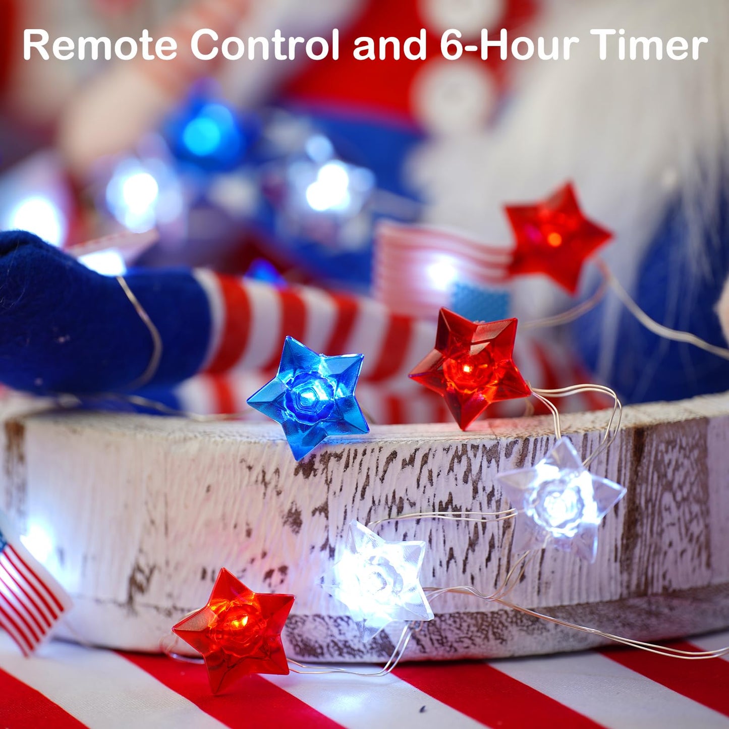 BOHON 4th of July Decorations Battery Operated String Lights with Remote Timer 13 ft 40 LEDs Red White and Blue Lights for Home Patriotic Memorial Independence Day Fourth of July Decor