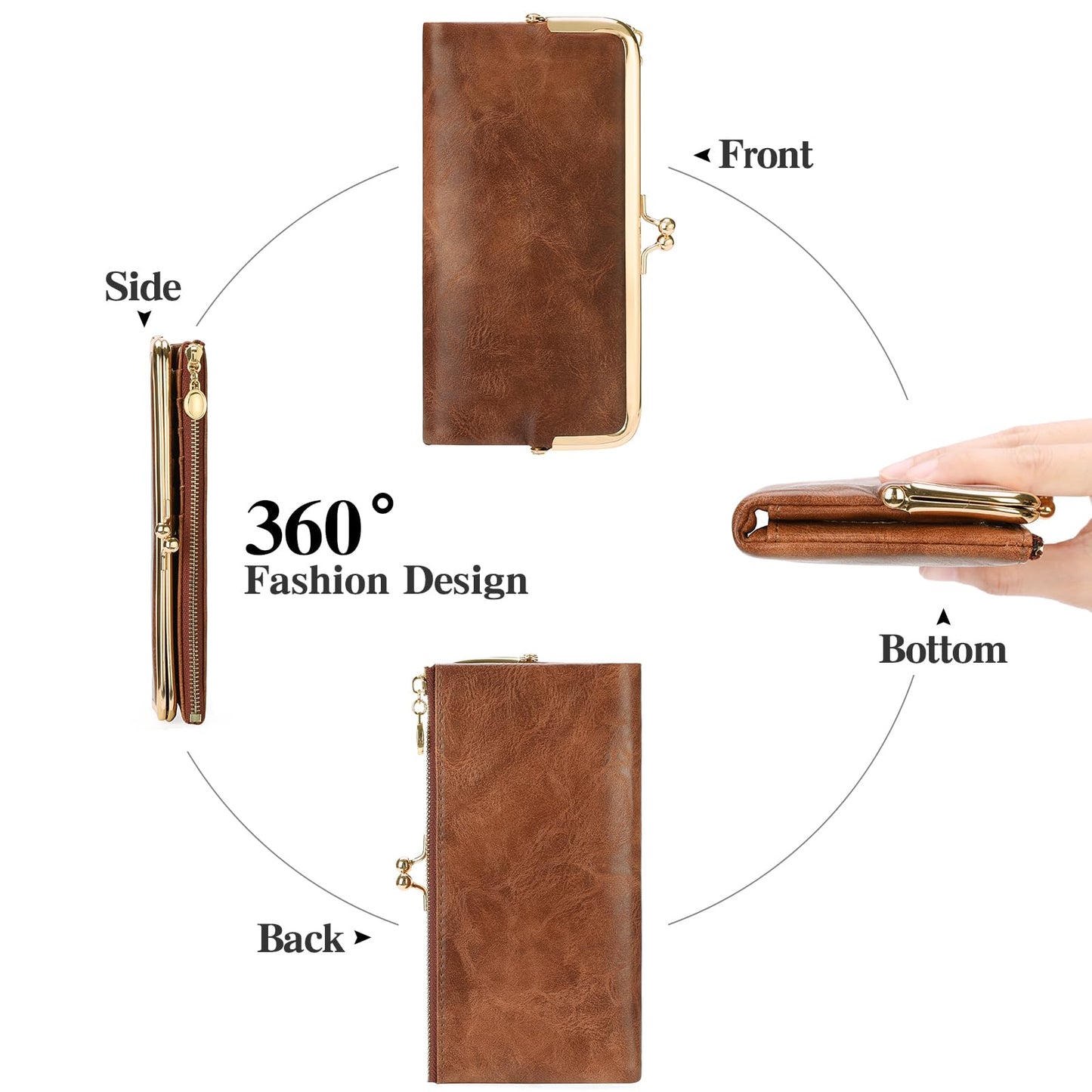 GOIACII Womens Wallet Ladies Vintage Billfold Compact Card Holder Long Zip Clutch Purse with Kiss Lock Brown