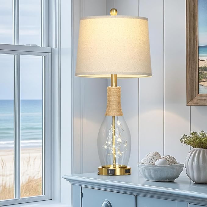 27.5" Coastal Glass Table Lamps Set of 2, Touch Control 3-Way Dimmable Modern Table Lamps with USB A+C Ports & AC Outlets, Farmhouse Rustic Boho Vintage Night Light for Living Room Bedroom Gold Ocean
