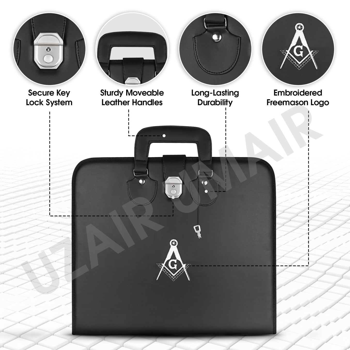 UzairUmair Masonic Master Mason Blue Lodge Apron Case, Faux Leather, 16x18 Inch white square and compass Embroidered Logo, Silk Knitted Tie Set