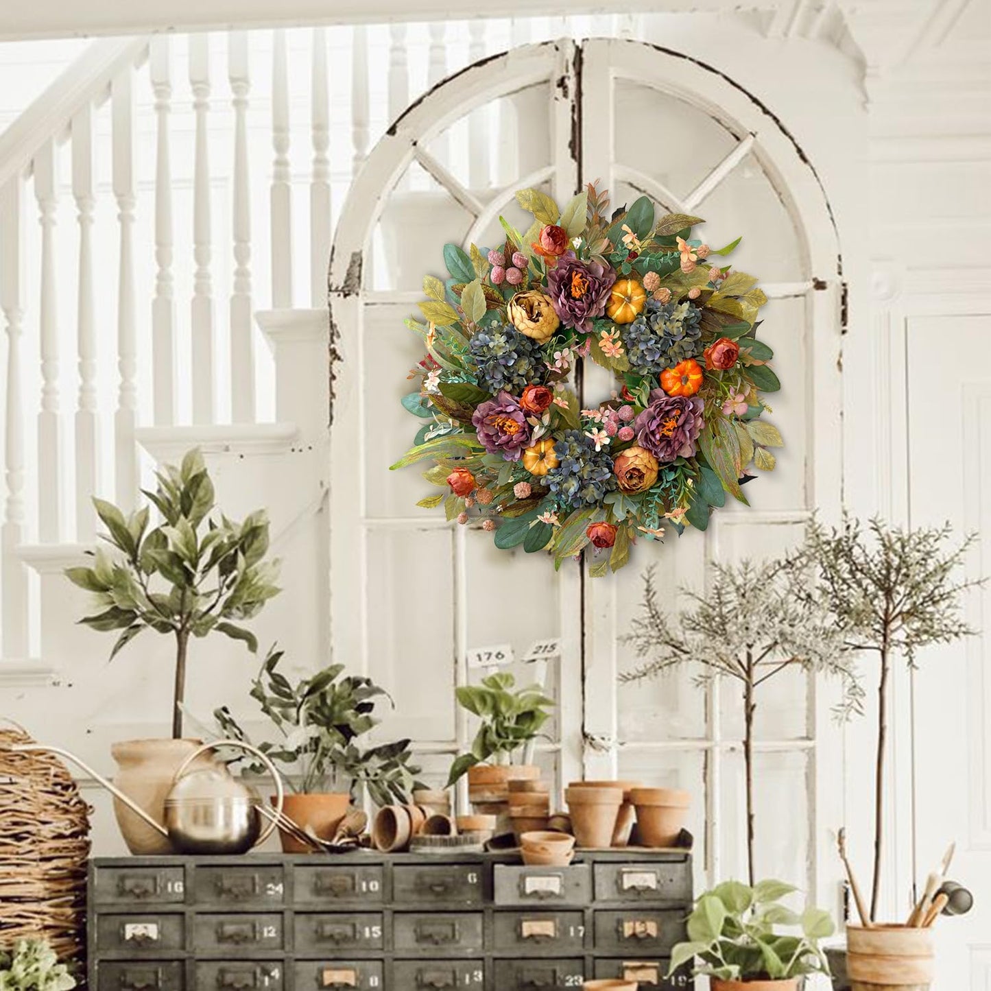 WANNA-CUL 24in Fall Front Door Wreath,Hydrangea Peony Pumpkin Harvest Decor
