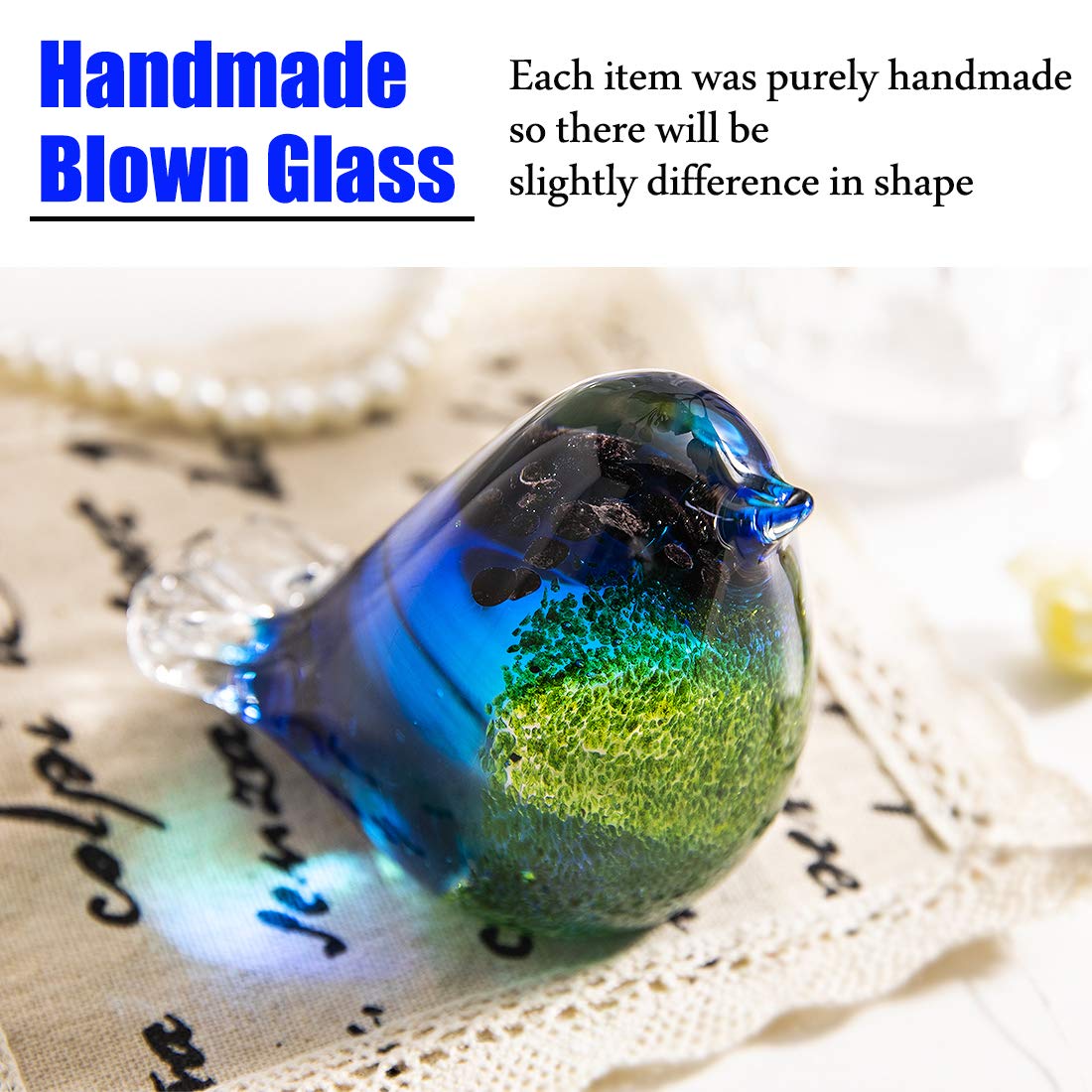 QFkris Qf 4" Glass Bird Handmade Blown Glass Figurine Christmas, Birthday Gift Decorative Ornaments for Home Blue and Green Paper Weight