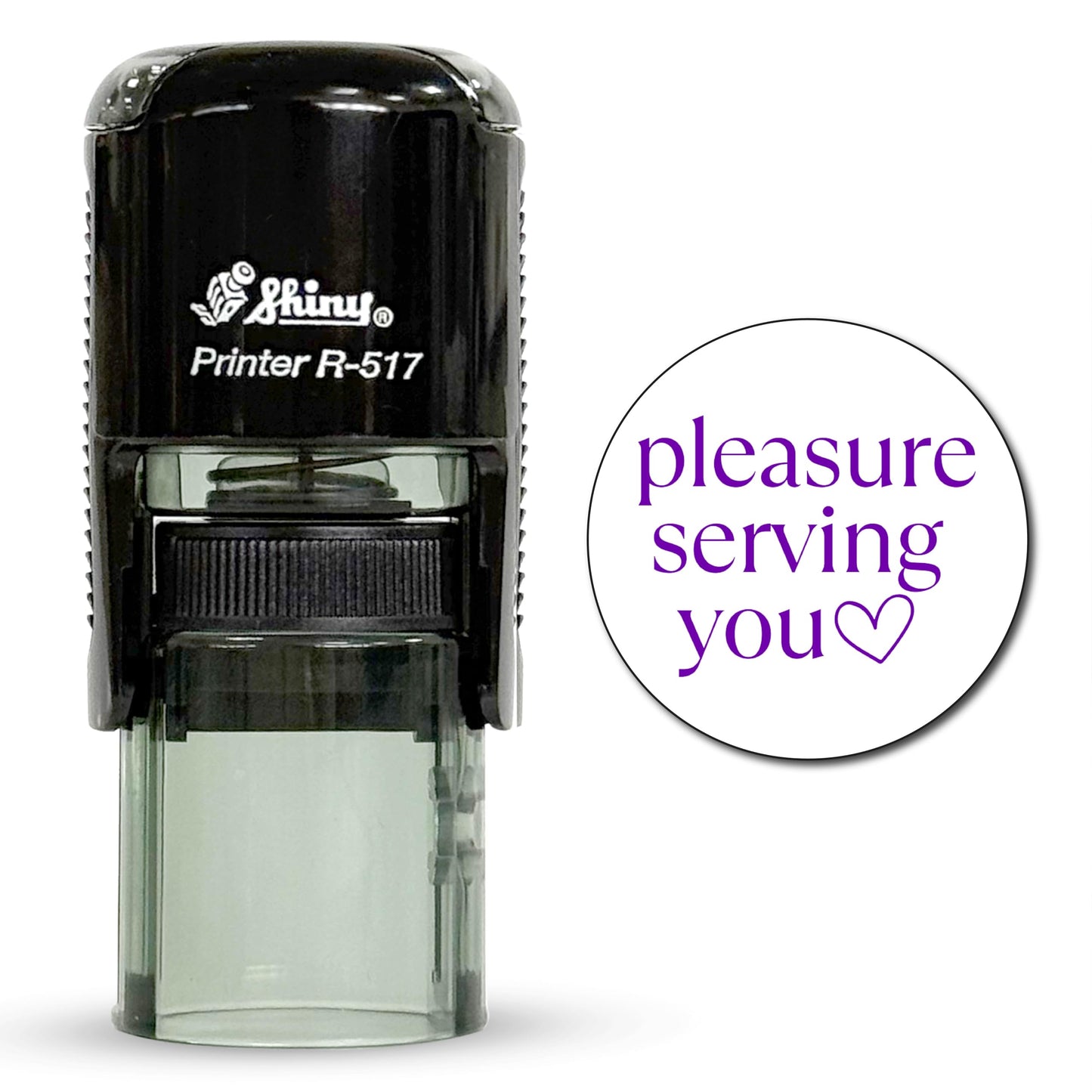 Shiny Pleasure Serving You Stamp, Round Self Inking Stamp for Office and Retail, Purple Ink