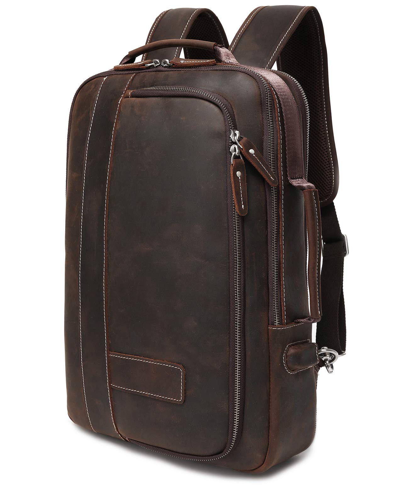 LANNSYNE Men's Full Grain Leather Expandable 15.6 Laptop Backpack Tote Shoulder Travel Bag Rucksack