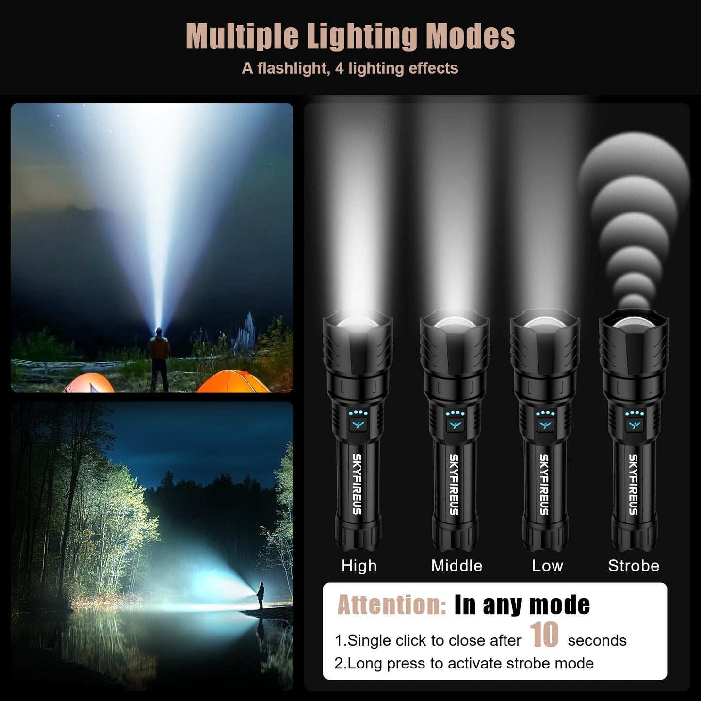 SKYFIRE LED Flashlights High Lumens,2000lm Super Bright Rechargeable Flashlight with Ignition Lens, Zoomable,Powerbank,Waterproof Flash Light for Camping Essentials,Outdoor and Home(Black)