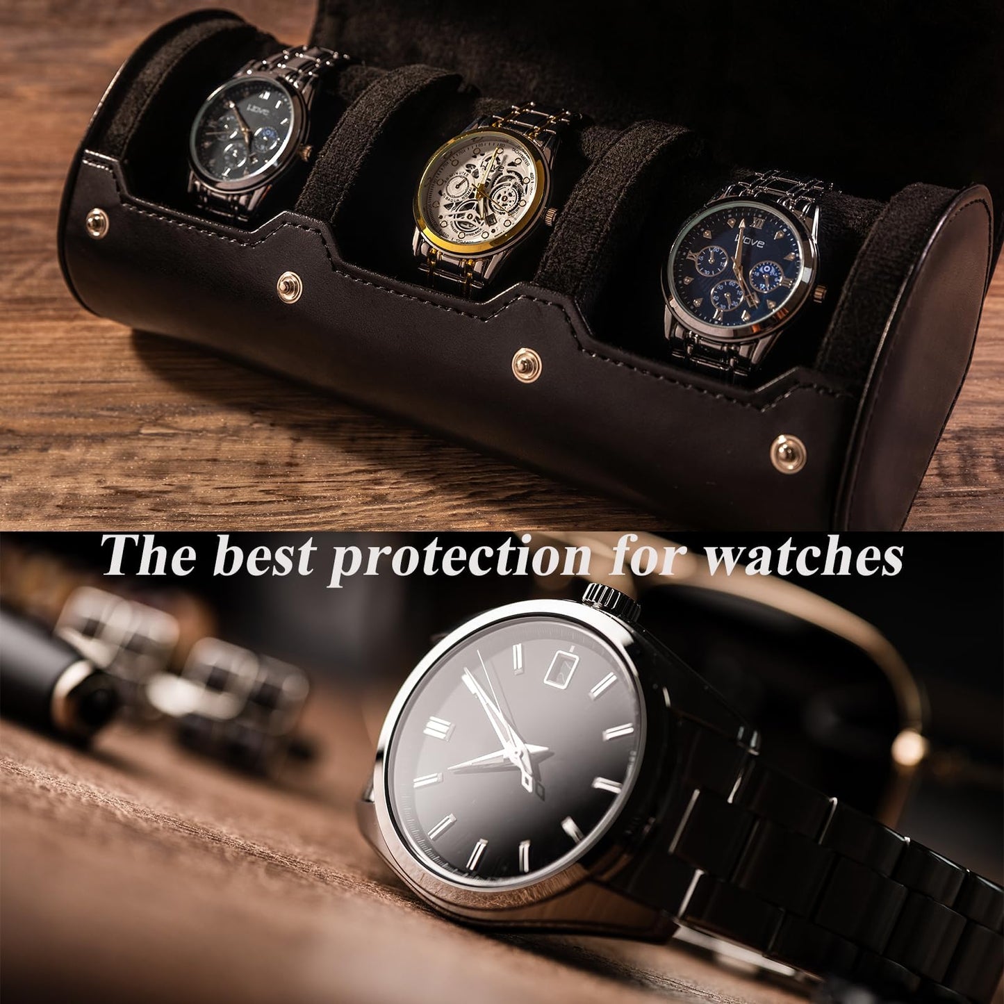 MR.OKAY 3 Watch Travel Case-Classic Leather Watch Case With Superb Texture.Portable Watch Roll Or Organizer For Storage And Display. Men's Great Gift For Traveling,100% Handmade by Artisans.