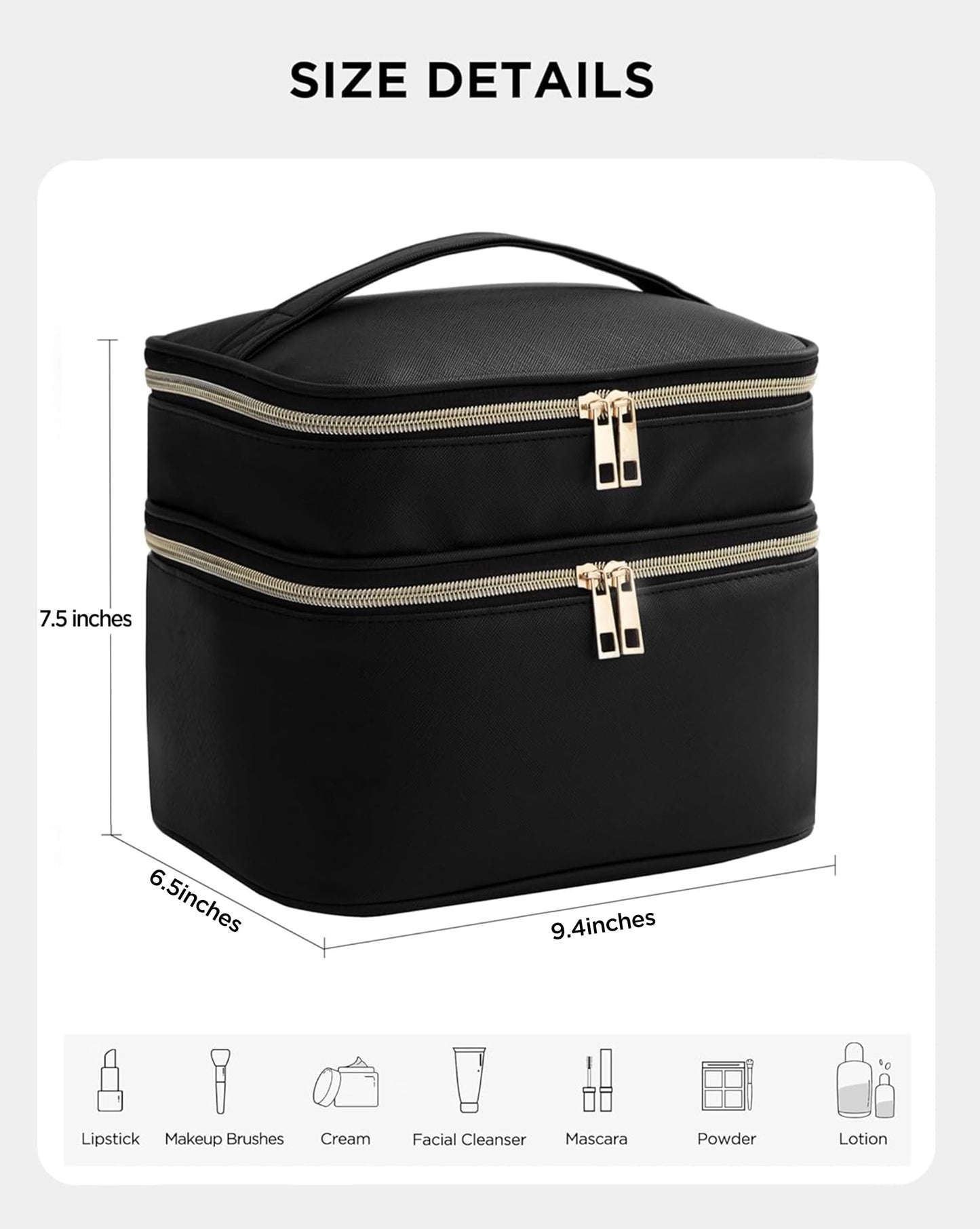 HBlife Double Layer Travel Makeup Bag Portable Cute Leather Cosmetic Bag Large Make Up Bag Makeup Case Organizer Toiletry Bag for Women Girls with Handle and Removable Divider(Black)