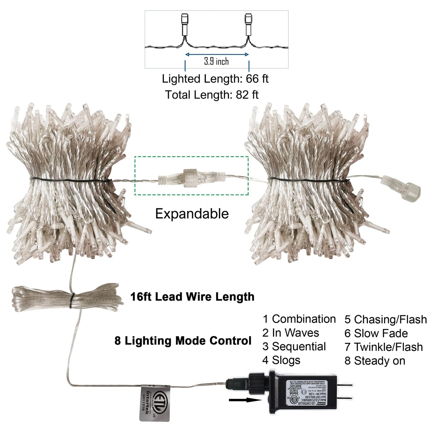 LJLNION 300 LED String Lights Outdoor Indoor, Extra Long 98.5FT Super Bright Christmas Lights, 8 Lighting Modes, Plug in Waterproof Fairy Lights for Holiday Wedding Party Bedroom Decorations ( White)