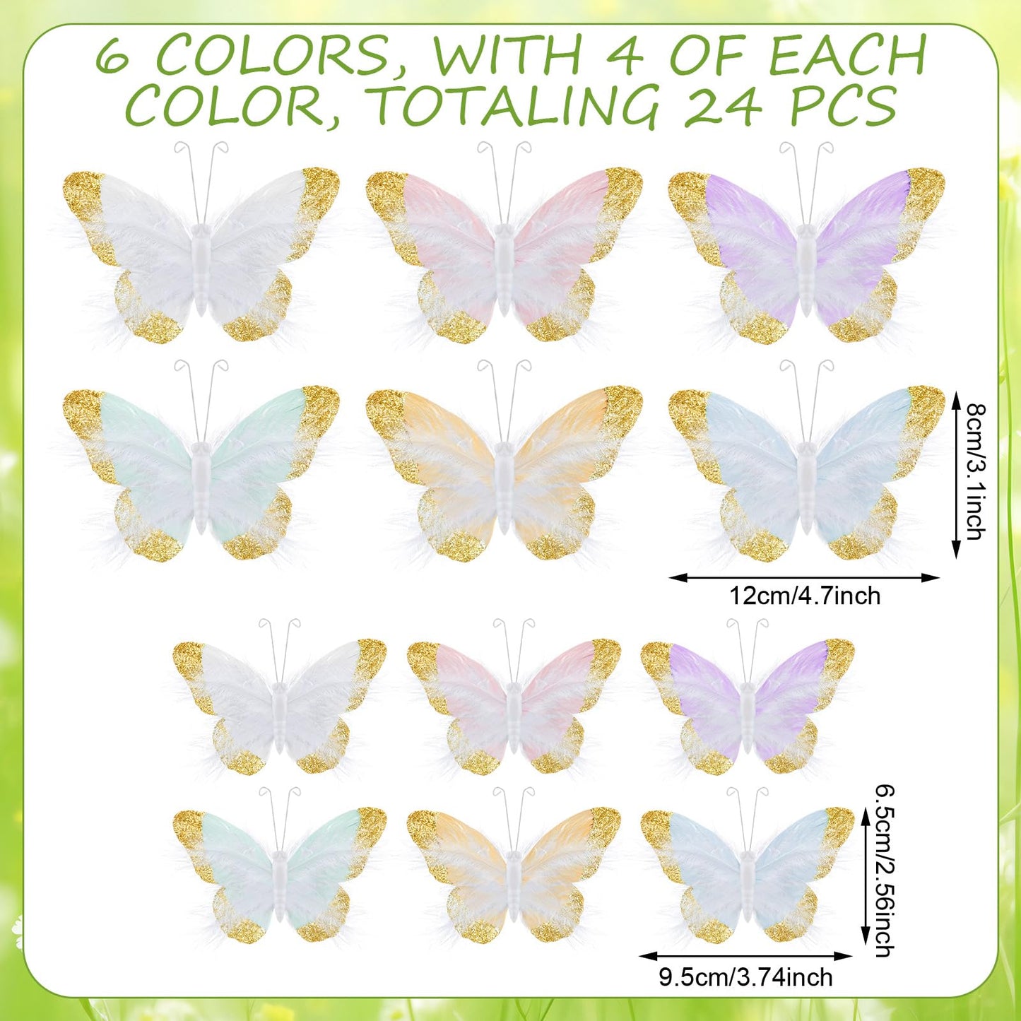 Ferrochef 24 Pcs Pastel Feather 3D Butterfly Wall Stickers Glitter Butterfly Wall Art Mural Stickers Removable Decals Decor for Wedding Party Birtyday Flower Bouquet Nursery Bedroom Cake Home Decor
