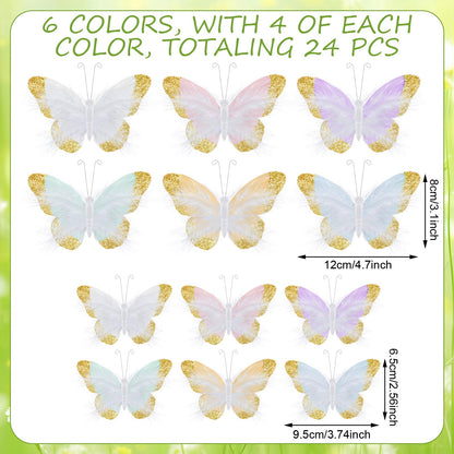 Ferrochef 24 Pcs Pastel Feather 3D Butterfly Wall Stickers Glitter Butterfly Wall Art Mural Stickers Removable Decals Decor for Wedding Party Birtyday Flower Bouquet Nursery Bedroom Cake Home Decor