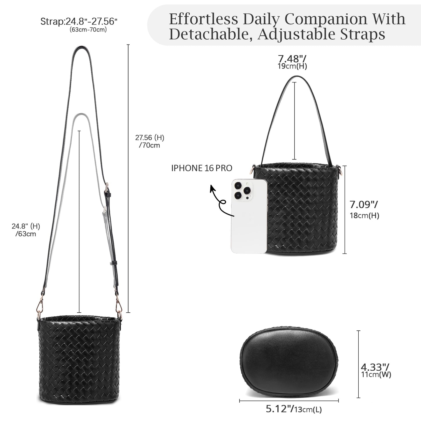 Sumrains Woven Crossbody Bag for Women: Classic Handwoven Small Bucket Bag - Effortless Minimalist & Compact for Daily Wear (Black)