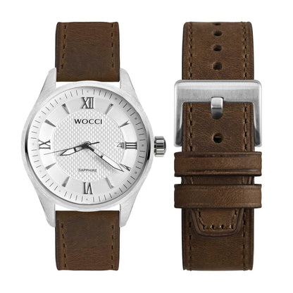 WOCCI 20mm Elite Watch Band, Top Grain Leather, Quick Release, Silver Buckle (Dark Brown)