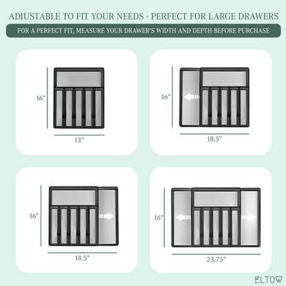 ELTOW Large Expandable Silverware Drawer Organizer, 8 Compartment Non-Slip & Adjustable Silverware Organizer for Drawer, Kitchen Organization for Utensils, Cutlery, Silverware Tray (Black)