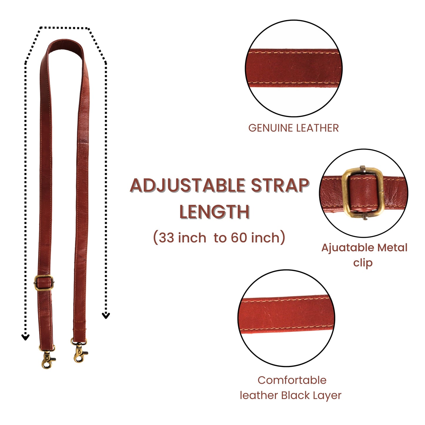 Genuine Leather Purse Strap Replacement 60 Inch, 1 Inch Wide Adjustable Crossbody Shoulder Strap with Metal Swivel Hooks for Handbag Tote Messenger Bag (Brown)