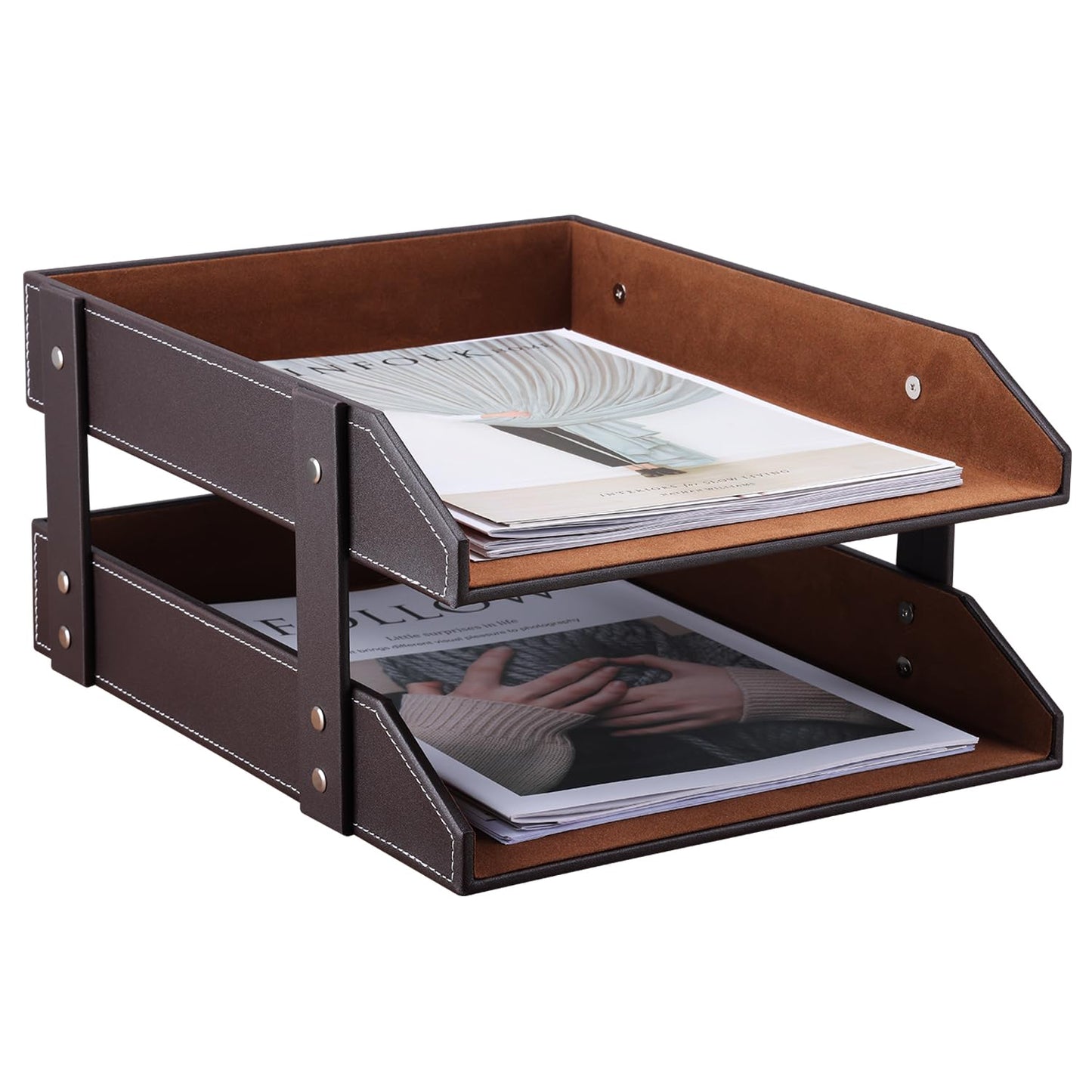 KINGFOM Letter Tray, Leather Paper Organizer Tray, Wooden Desk File Holder, Desktop File, Stackable Magazine Holder, Mail Sorter, Great for Home or Office - 2 Level Brown