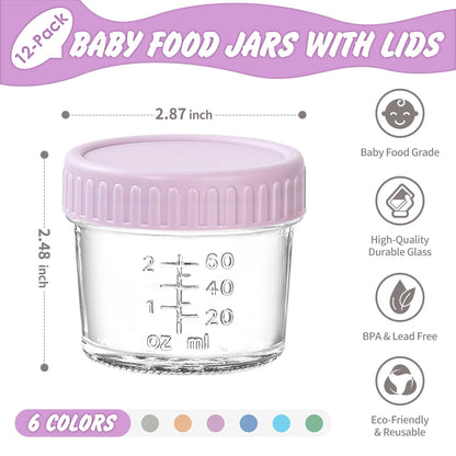 DRKIO 12 Pack Glass Baby Food Storage Containers - 4 Oz Baby Food Jars with Lids Baby Food Maker Microwave Dishwasher Freezer Safe 100% Leak Proof BPA Free Reusable