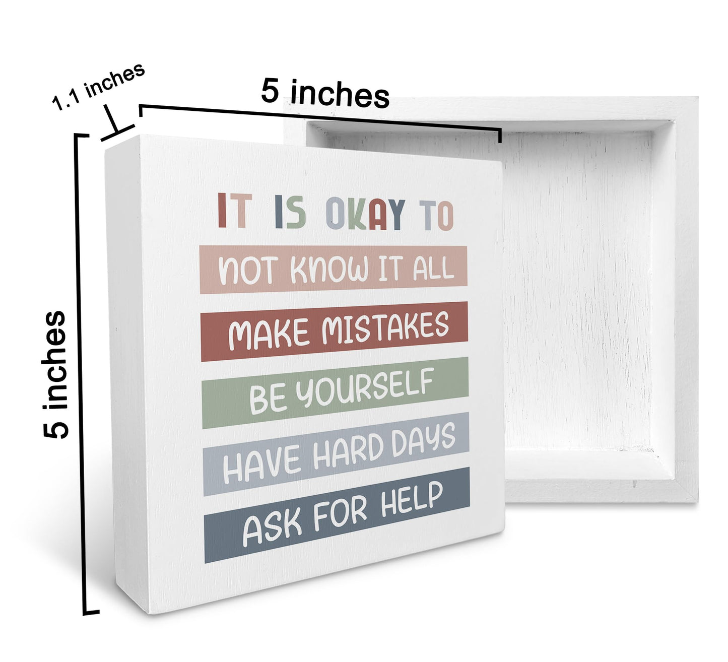 KU-DaYi It is Okay to Mental Health Wooden Box Sign, Teacher Desk Decor, Inspirational Boho Office Classroom School Therapy Reading Corner Wall Shelf Table Wooden Block Plaque Desk Decor 5x5 Inch