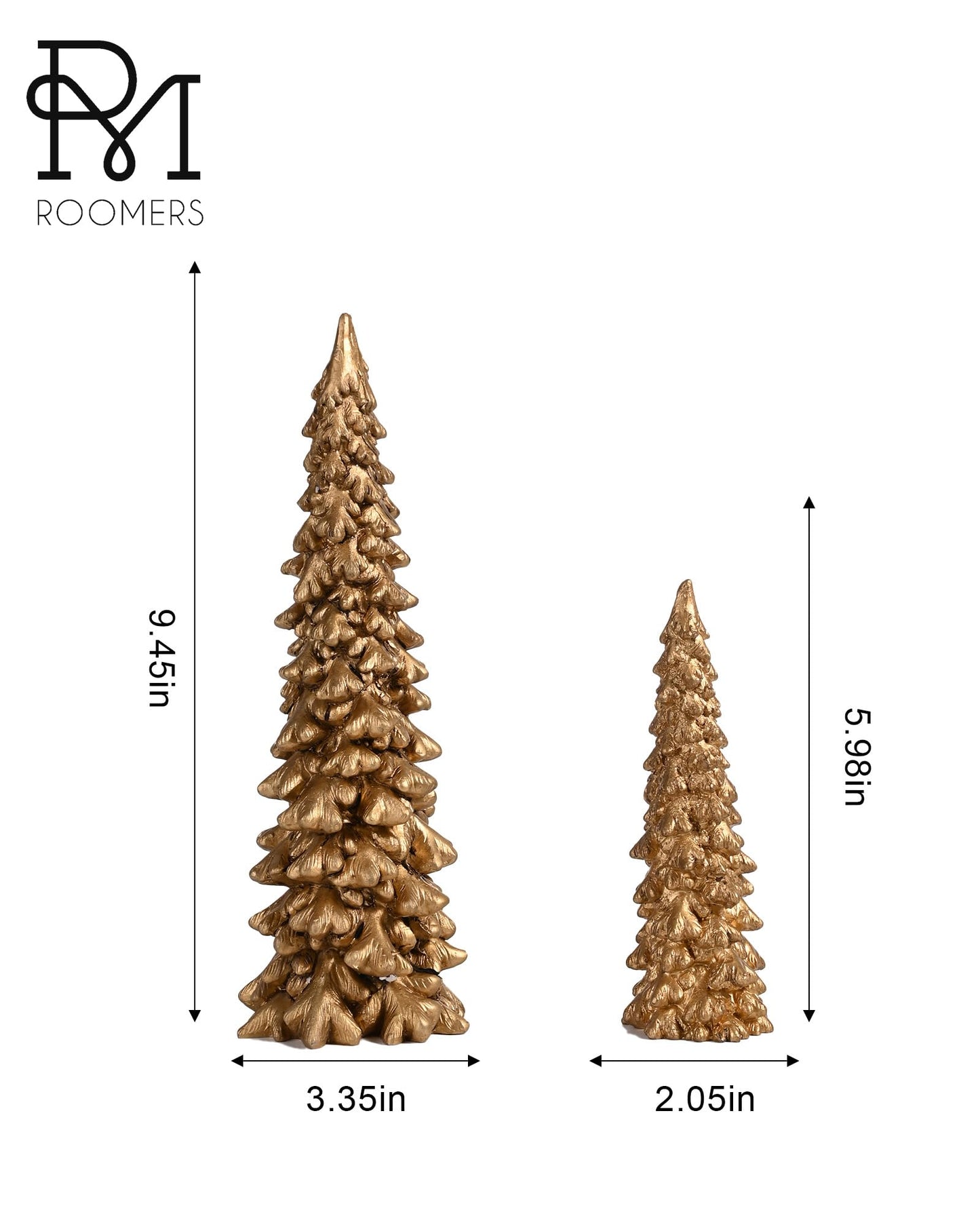 RM ROOMERS Christmas Tree Figurines, 2Pcs Christmas Trees Resin Distressed Gold Table Top, Small Xmas Tree Figurine Set, Decorative Xmas Trees for Rustic Mantle Centerpieces
