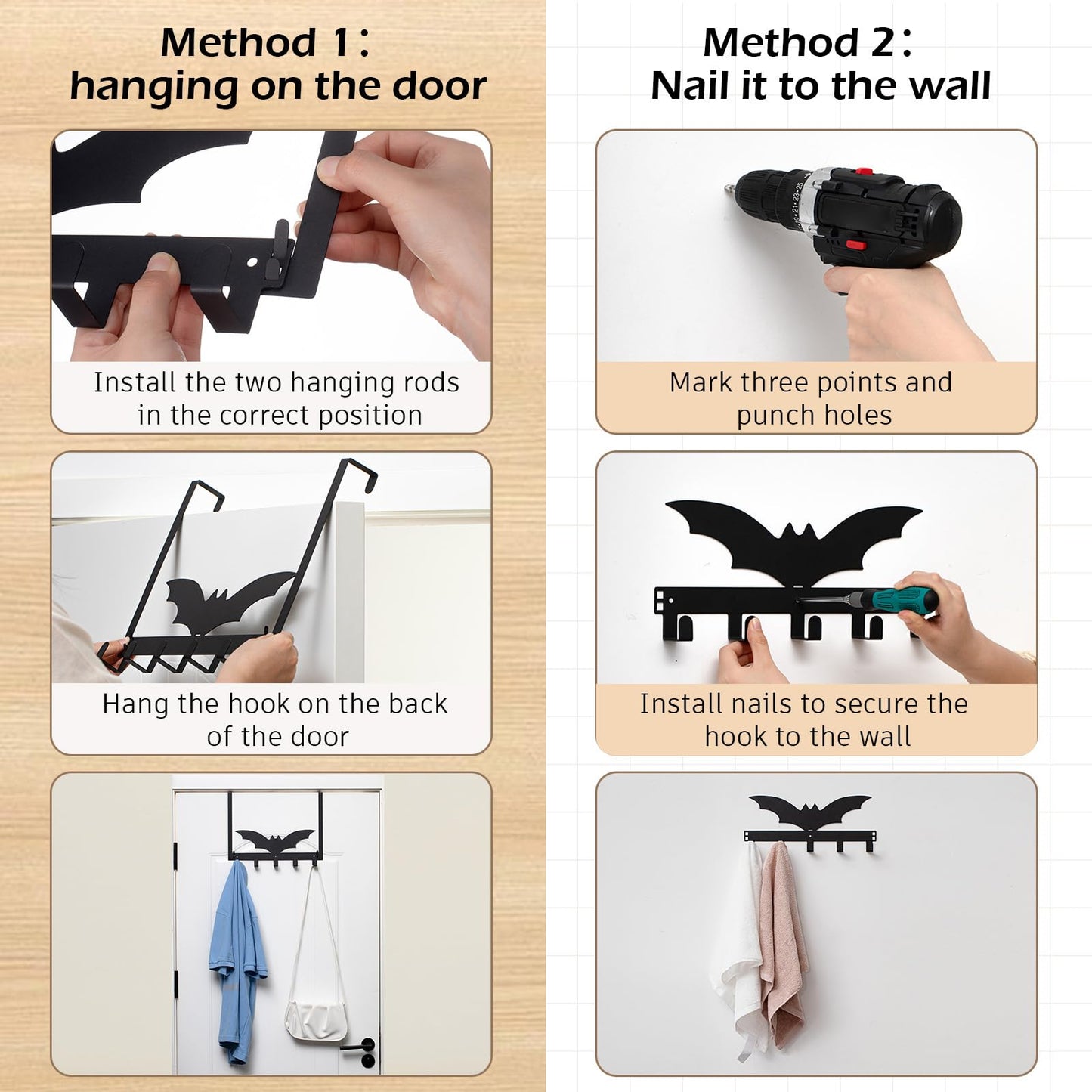 Reallnaive Gothic Bat Over The Door Hooks Goth Bathroom Decor Creepy Hanger Wall Mount Rack Holder for Towel, Hat, Coat, Cloth, Keychain, Bag, Home Organizer
