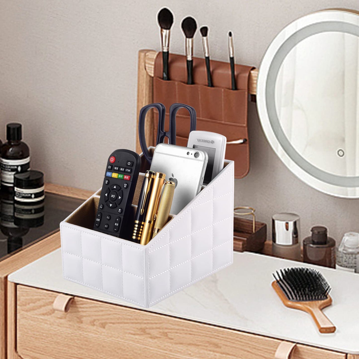 RHCSZ Fashionable PU Leather TV Remote Control Holder with 3 Compartments,Multifunction Desktop Organizer Holder, Media Accessory Storage & Organize Controllers (white)…