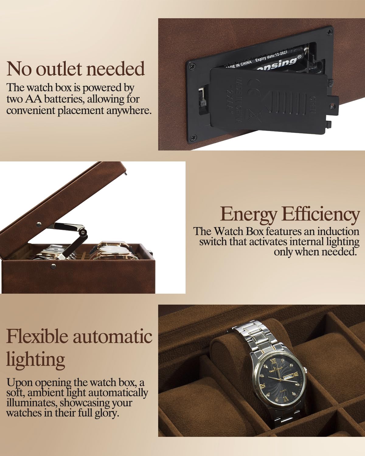 GUKA Watch Box 12 Slot Watch Display Organizer Leather Jewelry Case Drawer Glass Birthday for Men Women, Child Husband Dad GK-012-BROWN-LED-24