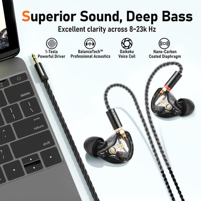 Vibes 202 Wired Earbuds - HiFi in Ear Monitor Headphones – Professional Noise Isolating Ear Buds - Clear Sound, Deep Bass & Comfort-Fit IEM Earphones - MMCX to 3.5mm, Silver Plated Cord, Carrying Case