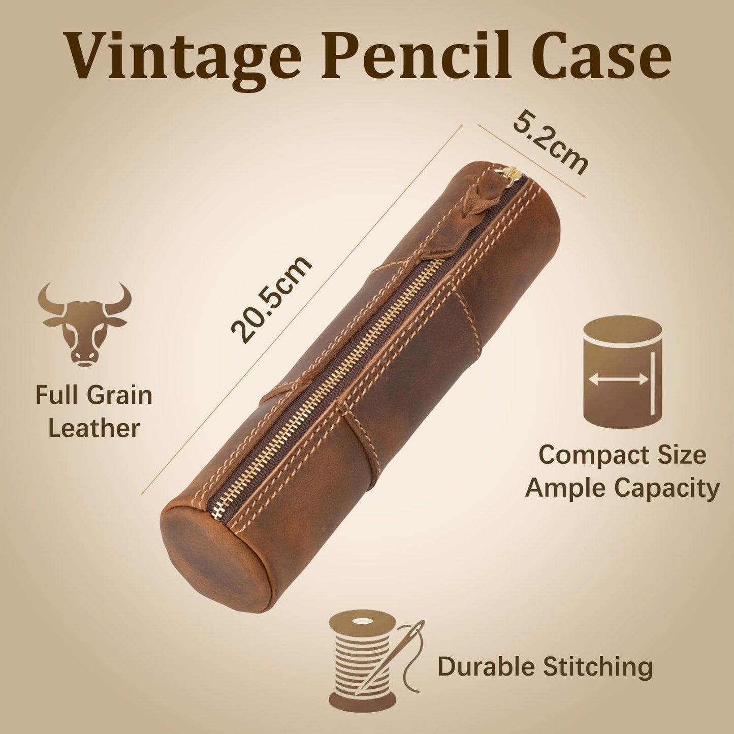 Yeedonzo Leather Pencil Case, Full Grain Zippered Pen Pouch & Multifunctional Organizer, Brown Stationery Bag for Work & Office Supplies