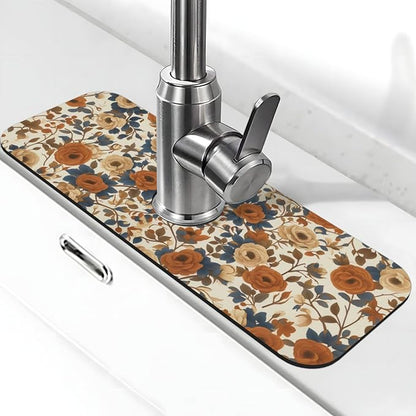 Faucet Draining Mat For Kitchen Sink, Peony Flower Blue Leaves Diatom Mud