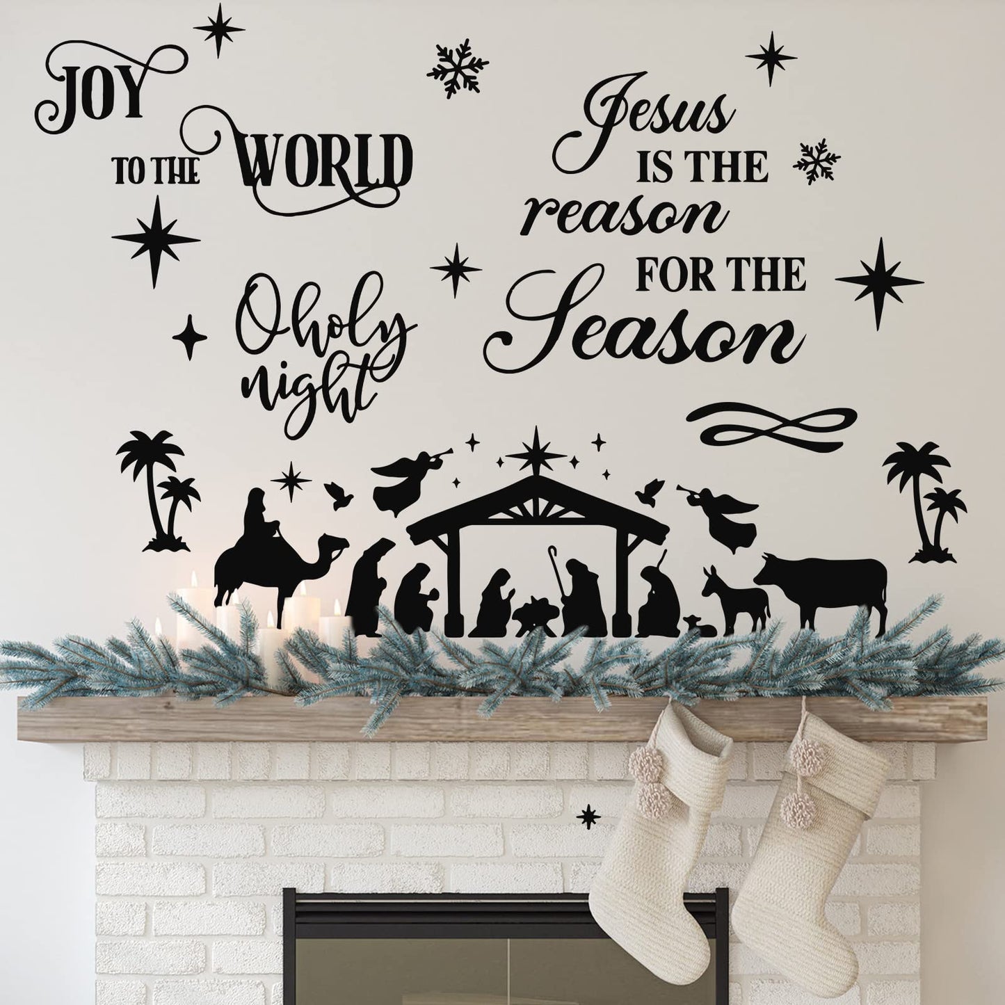 3 Pcs Nativity Scene Decor Stickers Christmas Bible Quotes Christian Vinyl Wall Decal Set Jesus is The Reason for The Season Bible Verse Wall Decals Joy to The World Stickers for Home