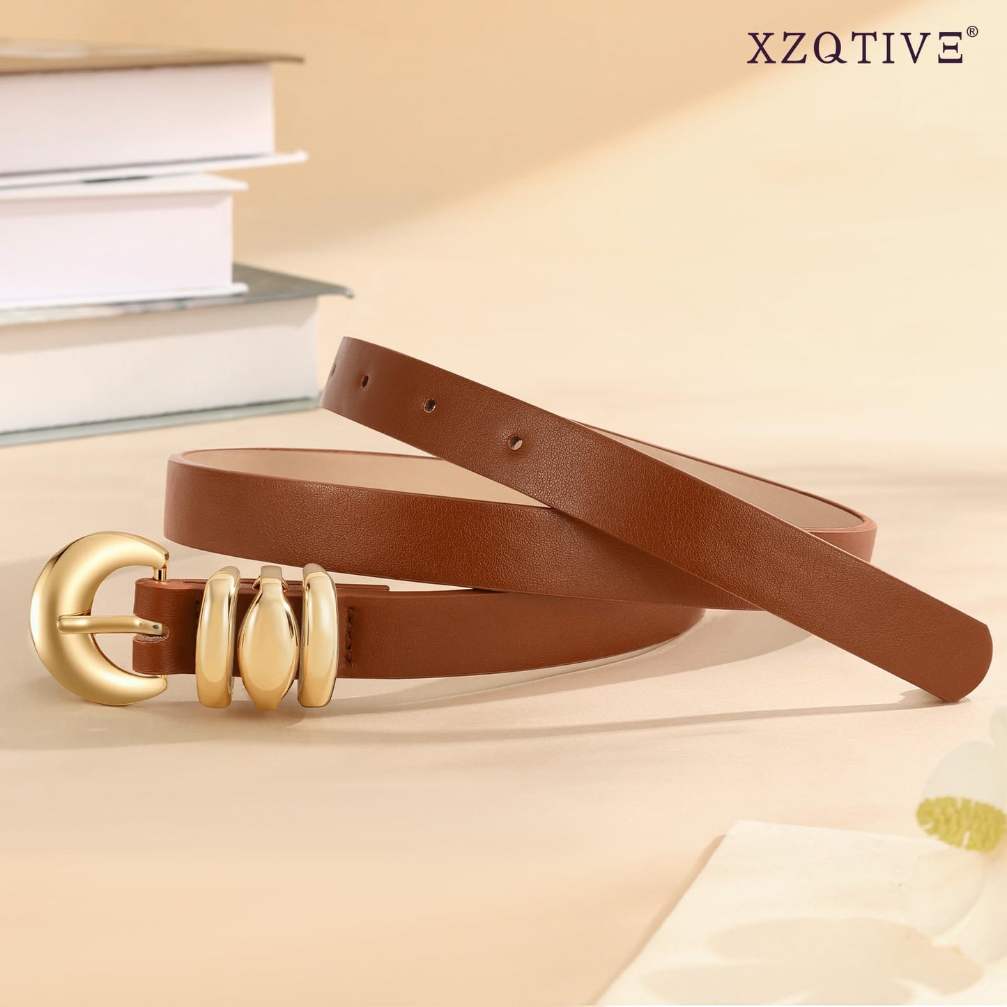 XZQTIVE 2 Pack 0.71'' Womens Skinny Leather Belts for Ladies Thin Waist Belt for Jeans Dress Pants with Fashion Gold Buckle, Black/Brown, Fits Pant Sizes 33-37 inch