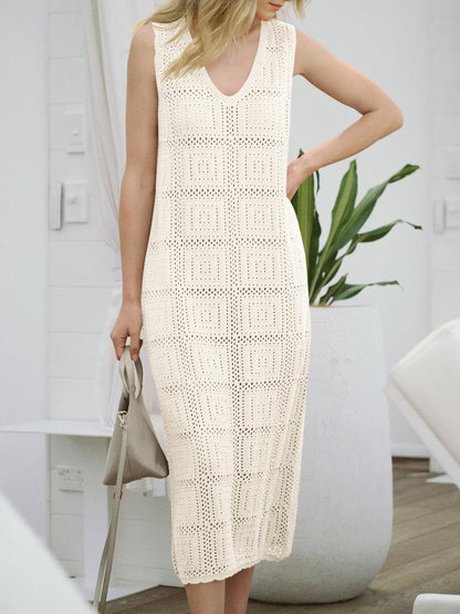 Fisoew Womens Crochet Sleeveless Dress V Neck Boho Cover Up Midi Tank Dress