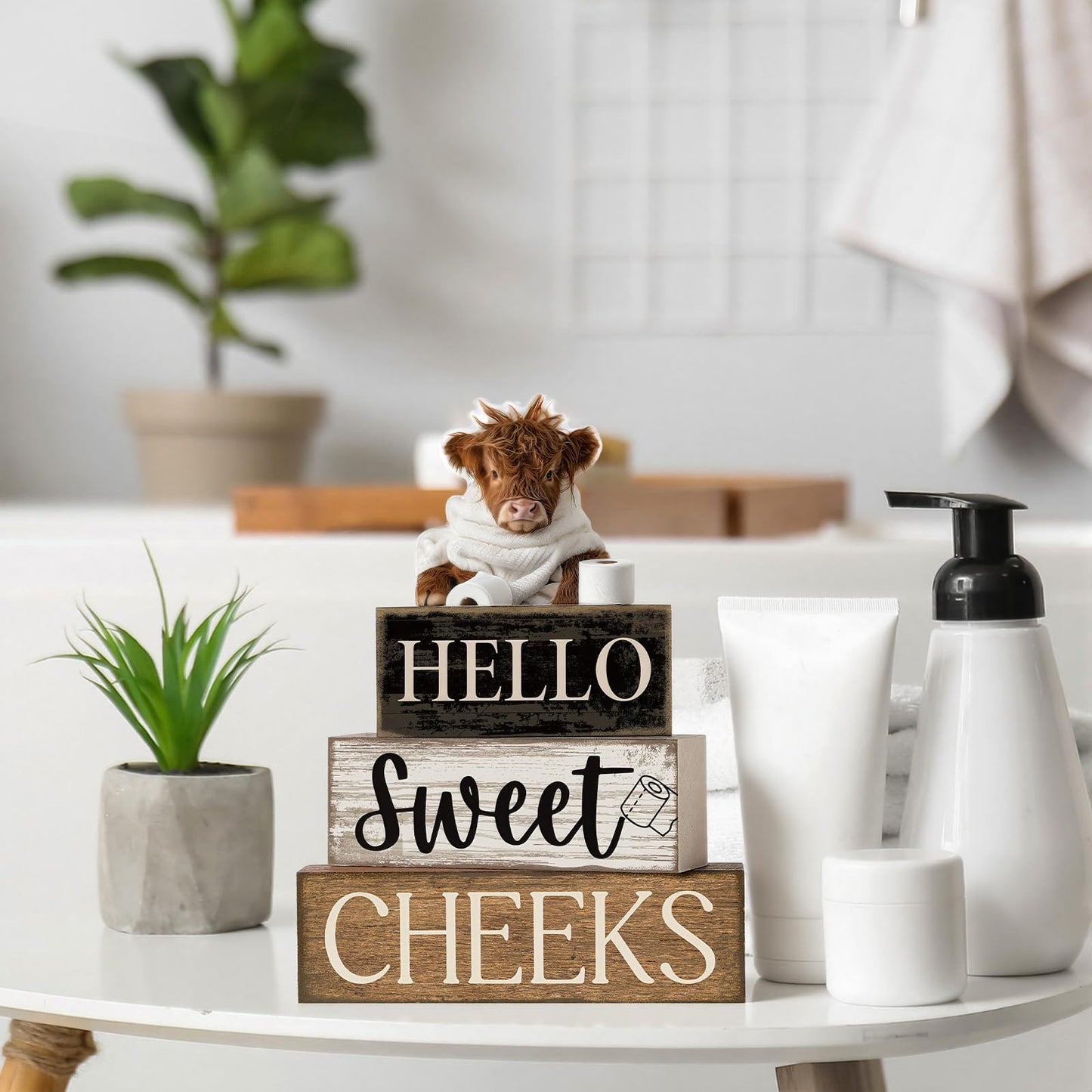 Moucuny 4 Pcs Bathroom Shelf Decor Highland Cow Farmhouse Bathroom Decor and Accessories Rustic Eucalyptus Leaves Hello Sweet Cheeks Highland Cow Sign Western Table Centerpiece for Home Office Toilet