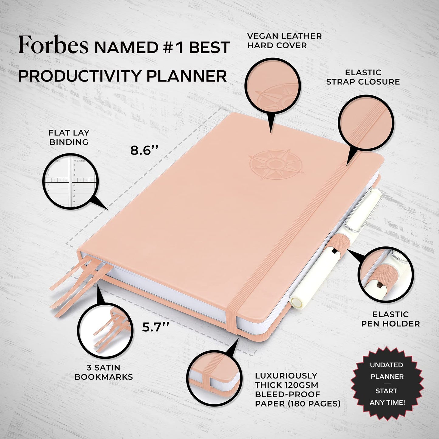 Smart Planner Pro – Undated Daily Planner – Small A5 – Achieve Goals & Increase Productivity – Weekly, Monthly, Work Sections, Organizer Diary with Back Pocket, 3 Satin Bookmarks & Pen Holder