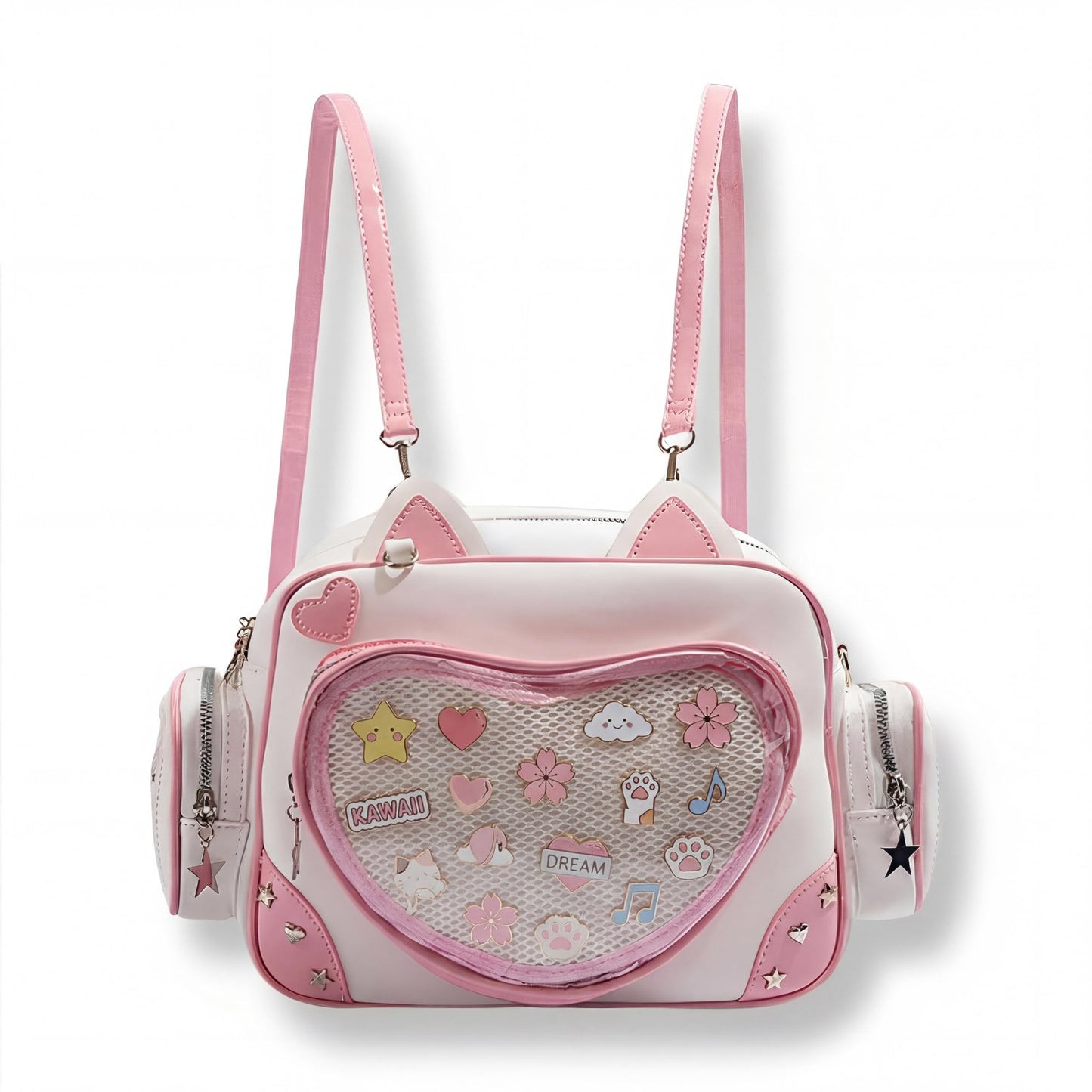 SUSTRALO Pink Cat Ita Bag Backpack with Insert, Kawaii Heart Clear Window Pin Display Backpack, Convertible PU Leather Ita Shoulder Crossbody Bag for Anime Collection