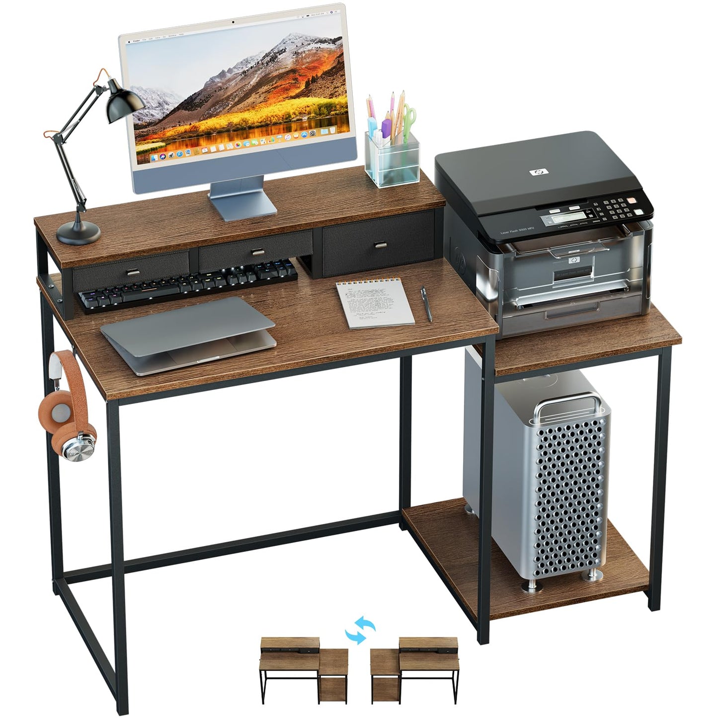 SINPAID 47 inch Computer Desk with Printer Shelf, Gaming Desk with Monitor Stand and Drawers, Reversible Home Office Desk with Storage Shelves and 2 Hooks, Home Workstation for Study Writing, Walnut