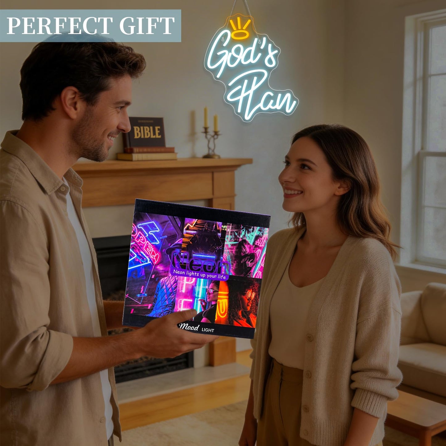 WLHOPE God's Plan Neon Sign White Led Neon Signs for Wall Decor, God Neon Signs USB Powered Letter Neon Light Signs for Bedroom Living Room Home Bar Wedding Party Decoration