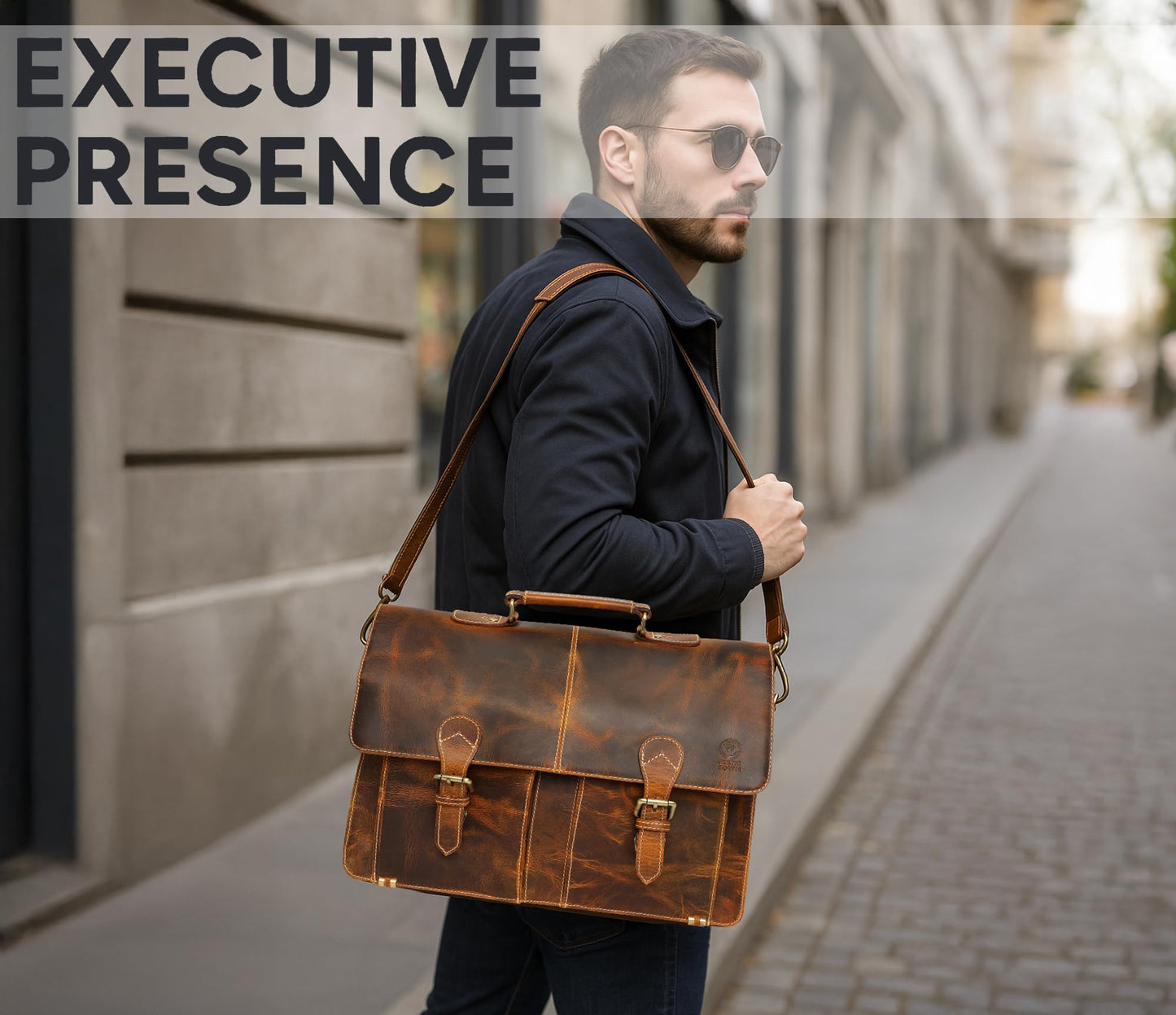 RUSTIC TOWN Handcrafted 16-inch Brown Leather Shoulder Briefcase Messenger Bags Men's 15.6 inch Laptop Satchel