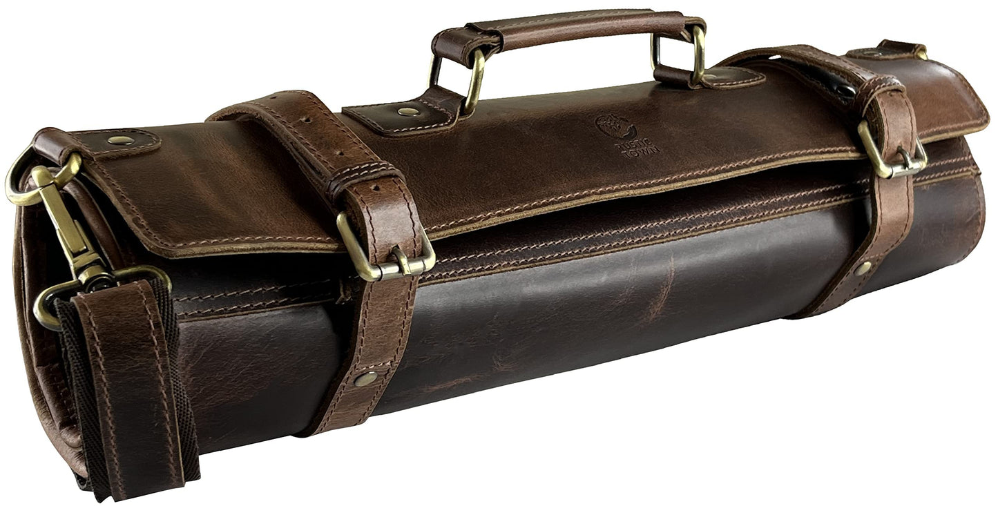 RUSTIC TOWN Leather Knife Roll Storage Bag | Elastic and Expandable 11 Pockets with Tool Pouch | Adjustable/Detachable Shoulder Strap | Travel-Friendly Chef Knife Case Roll (Walnut Brown)