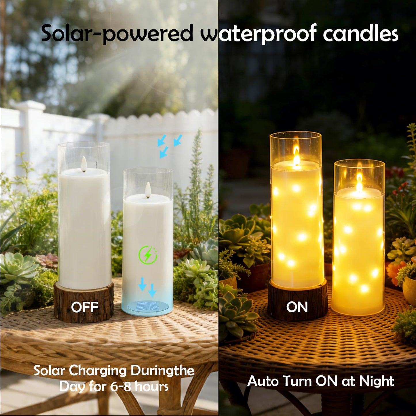 kakoya Large Solar Flameless Candles Outdoor Waterproof 11" x 4",2Pcs LED Pillar Candles Included Rechargeable Solar Battery with Embedded Star String for Outdoor Porch,Patio Decor(White)