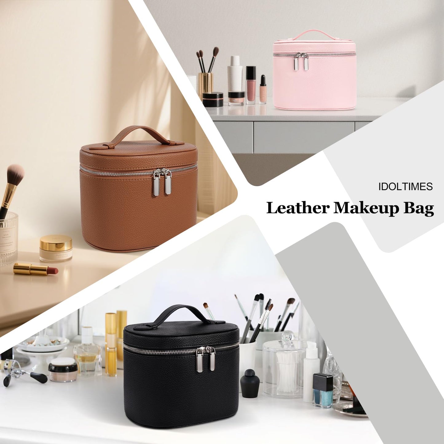 idoltimes Cosmetic Case, Leather Makeup Bag, Portable Handheld Makeup Case, Detachable Compartments